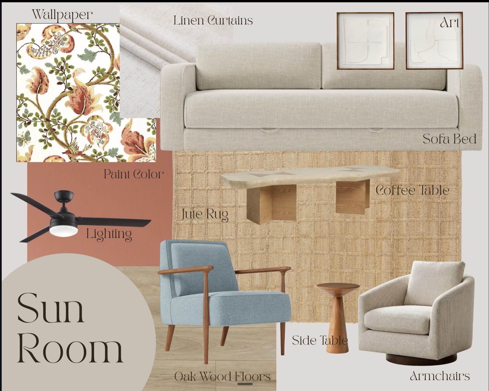 Mood board showing the wallpaper, paint color, sofa bed, and furniture chosen for the room