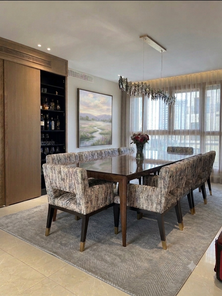 Dining room with a wood table, patterned upholstered chairs, and a linear chandelier