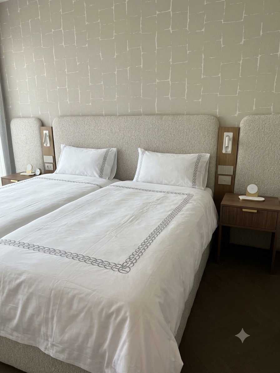 Guest bedroom with twin beds and embroidered white bedding