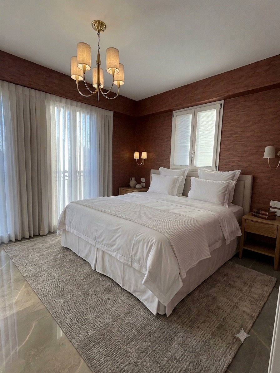 Primary bedroom with a brass chandelier and textured wallpaper