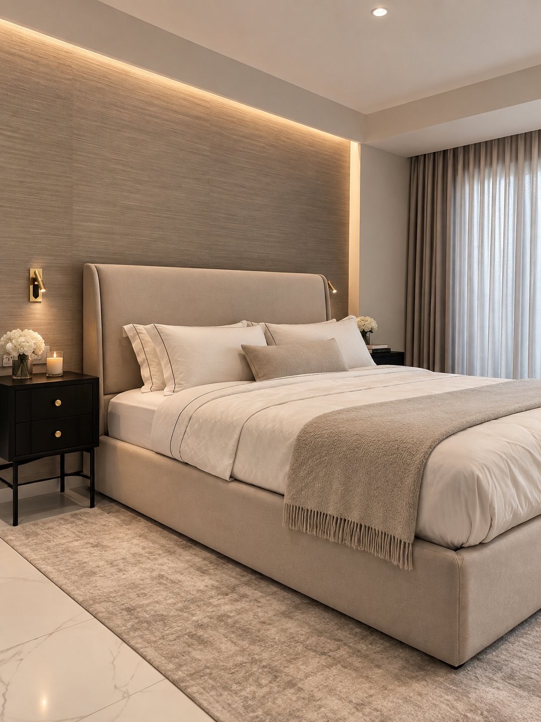 Primary bedroom with an upholstered headboard, woven wall panel, and warm cove lighting